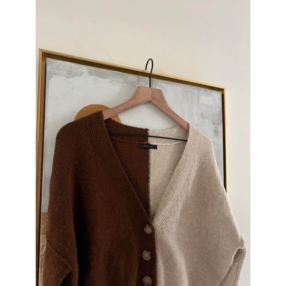 Cozy Color Block Cardigan Sweater Large Brown Cream Boho Cottagecore - Picture 3 of 6
